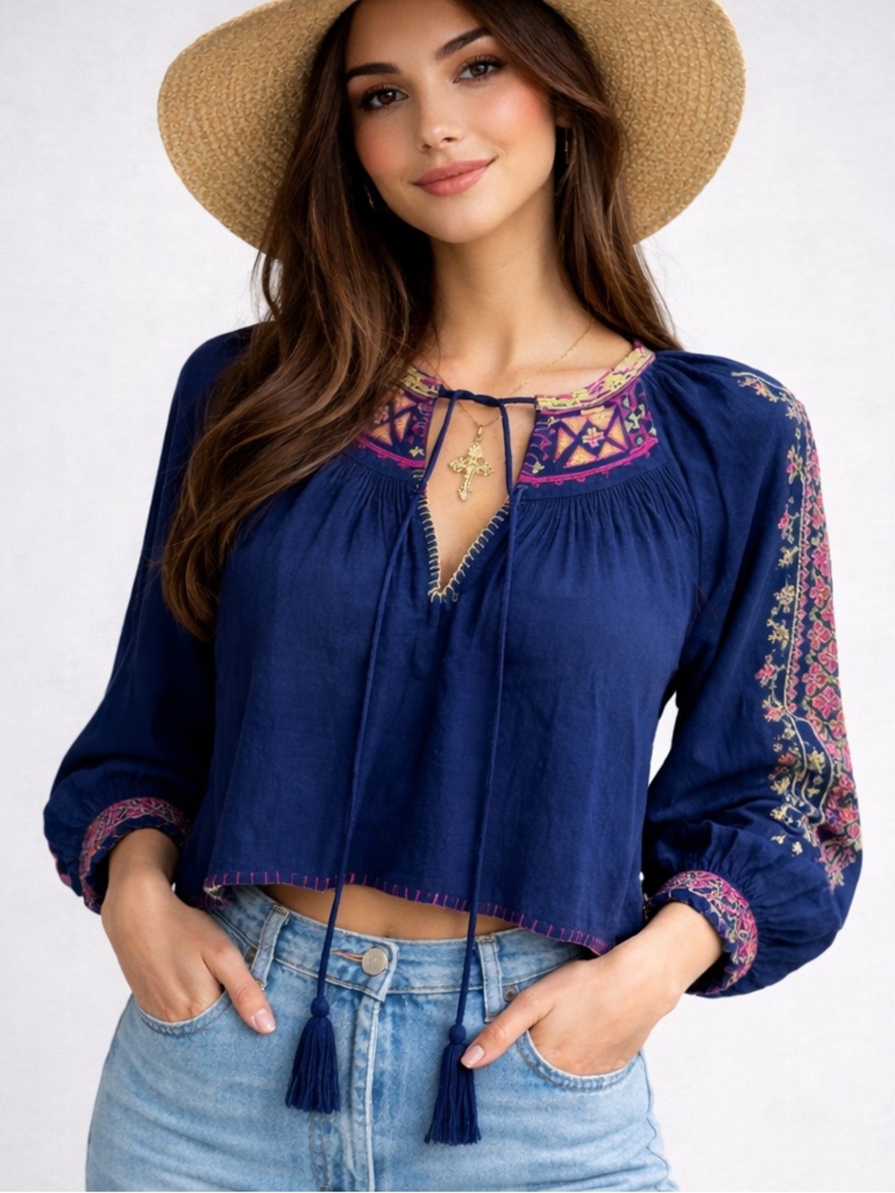 Free People Cherry Bomb Embroidered Peasant Blouse Navy Blue Pink Boho Top S